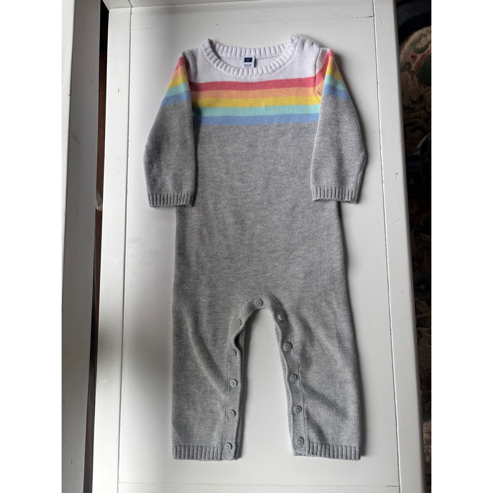 Janie Jack Baby 12-18M Gray Rainbow Stripe Knit Romper Long Sleeve Cozy